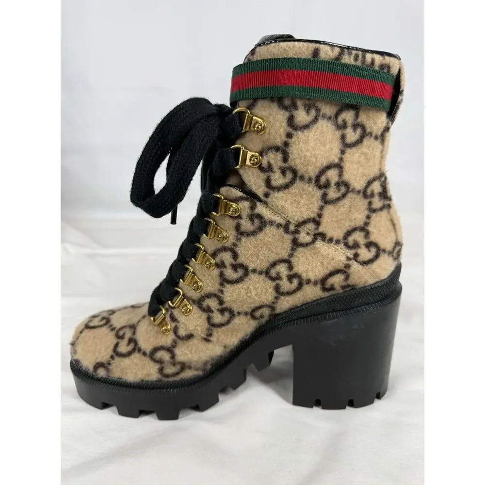 Women's Size 8.5 Gucci Web Accent Wool Combat Boots SPB-JB 371720